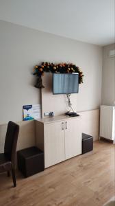 a room with a tv on a wall with a chair at Wellness Apartments in Velence in Velence