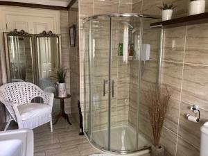 a glass shower in a bathroom with a chair at Ballybur Lodge in Cuffesgrange