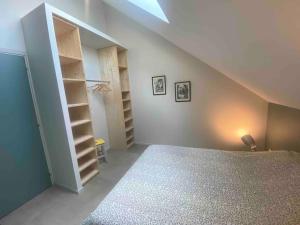 a attic room with a bed and open shelves at Villenouan domaine et gites in Lailly-en-Val