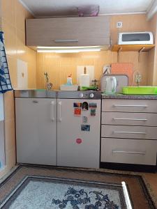 uma cozinha com um lavatório e um frigorífico em Bolero apartman em Sarajevo
