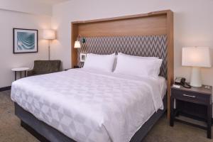 Cette chambre comprend un grand lit et une chaise. dans l'établissement Holiday Inn Detroit Northwest - Livonia, an IHG Hotel, à Livonia