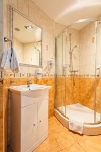 uma casa de banho com um chuveiro e um lavatório. em Hotel Medūna em Druskininkai