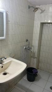 y baño con lavabo y ducha. en Hotel Krishna Palace, en Nueva Delhi