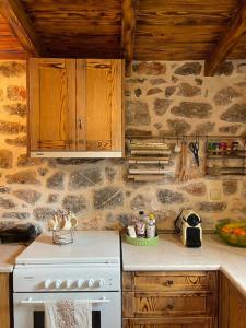 cocina con fogones y pared de piedra en Ogustus Four Seasons Residence, en Koupiá