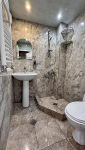 uma casa de banho com um lavatório e um chuveiro em Cottage Gudauri em Gudauri