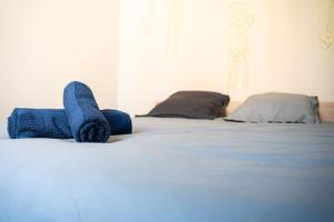 a blue stuffed animal laying on top of a bed at Joli Appart deux pièces climatisé à 300m du théâtre Antique in Orange