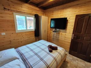 1 dormitorio con 1 cama y TV de pantalla plana en צמרת הצימרים - מתחם צימרים מקסים עם בריכה במתחם וג'קוזי פרטי en Dāliyat el Karmil