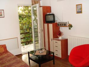 salon z telewizorem i czerwonym krzesłem w obiekcie Apartment Novi by Interhome w mieście Krnica