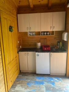 a kitchen with white cabinets and a white refrigerator at Drinski Maldivi 2 in Vrhpolje +10 photos
