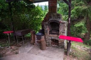 an outdoor brick oven with a picnic table and a grill at RED Tiny Houses in Voronet