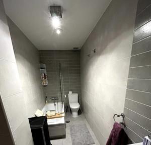 a small bathroom with a toilet and a sink at Duplex Moaña Centro in Moaña