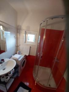 a bathroom with a shower and a toilet and a sink at Apartman Nina in Gradac