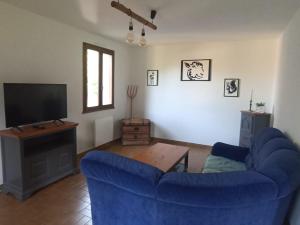 ein Wohnzimmer mit einem blauen Sofa und einem TV in der Unterkunft Les rives du Drac in Chabottes