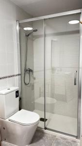Un baño con inodoro y ducha de cristal. en Encantador apartamento Enlosado de Balborraz, en Zamora