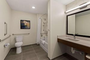 a bathroom with a toilet and a sink and a mirror at Everhome Suites Atlanta Newnan in Newnan