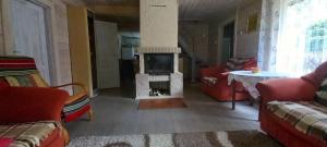 a living room with a fireplace and red furniture at Domek na Mazurach. in Dłużek