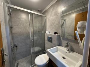 a bathroom with a shower and a sink and a toilet at Boutique Dedem Hotel Sultanahmet in Istanbul +27 photos
