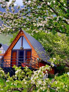a small house with a black roof and flowering trees at Kazbegi Kuro Cottages in Stepantsminda