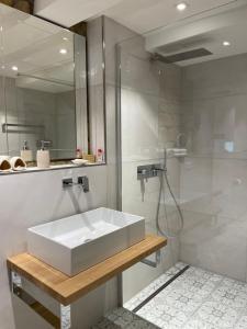 a bathroom with a white sink and a shower at rheinhessen-landhaus in Tiefenthal