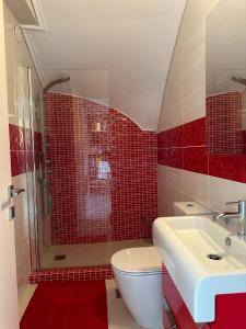 a red tiled bathroom with a toilet and a shower at Navy View in Paleo Tsifliki +13 photos