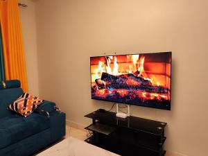 sala de estar con TV de pantalla plana y chimenea en Romantic 1Bedroom Gateway in Kinoo, en Kikuyu