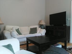 salon z białą kanapą i telewizorem z płaskim ekranem w obiekcie Luxurious duplex design-flat Kensington w Londynie