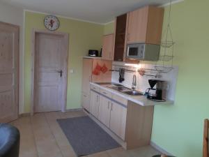 a small kitchen with a sink and a microwave at Auf dem Hufen in Ribnitz-Damgarten