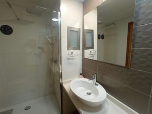 a bathroom with a sink and a shower and a mirror at Apartamentos Orvay in San Antonio