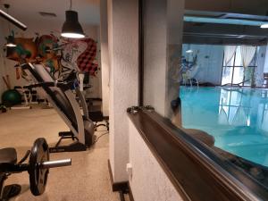 einen Fitnessraum mit einem Laufband und einem Pool in der Unterkunft Pension Casa Drumetului in Piatra Neamţ