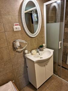 a bathroom with a sink and a mirror at Chalet Tinelu Brașov Săcele in Săcele
