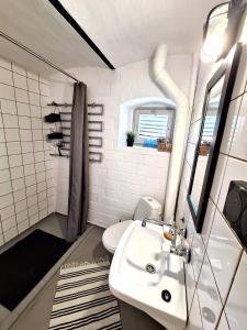 a white bathroom with a sink and a toilet at Zielona Samotnia in Czaplinek