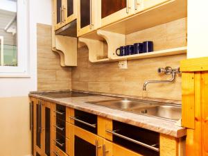 バラトンケレストゥールにあるHoliday Home Gemini 1 by Interhomeのキッチン(ステンレス製のシンク、木製キャビネット付)
