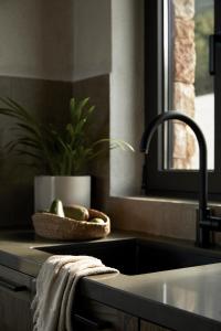 a kitchen counter with a sink and a basket of fruit at Memorias Villas and Suites in Vasilikos +60 photos