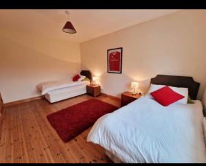 a bedroom with two beds and a red rug at Sunset view Homestay in Milltown Malbay +8 photos