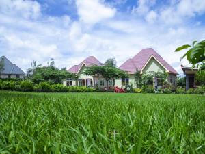 a row of houses with a green lawn at Aminata Bed & Breakfast in Moshi