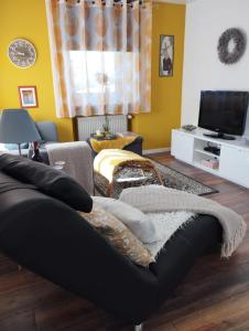 ein Wohnzimmer mit einem Sofa und einem TV in der Unterkunft Kim`s Cottage in Görwihl