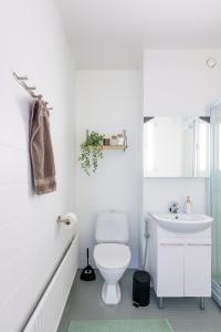 bagno bianco con servizi igienici e lavandino di Hygge Home in Rovaniemi, free parking and Netflix a Rovaniemi