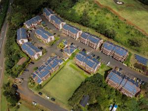 an overhead view of a group of blue solar arrays at Banyan Harbor Resort in Lihue