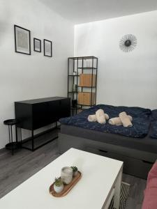 a small room with a bed and a table at Hobití apartmán - Sam in Radslav +17 photos