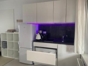 ポビエロボにあるVIlla Mare Apartamentyのキッチン(白い冷蔵庫、紫色の照明付)