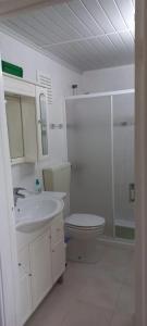 a white bathroom with a toilet and a sink at Cila's Guest House 1 in Praia da Vieira