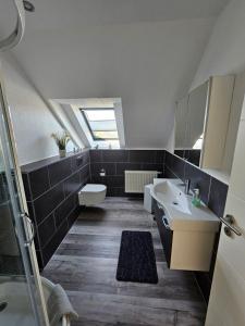 a bathroom with a sink and a toilet and a shower at Haus am Bodden in Fuhlendorf