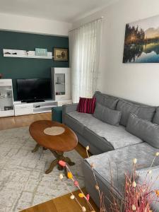 ein Wohnzimmer mit einem Sofa und einem Tisch in der Unterkunft Prishtina Central Apartment in Pristina