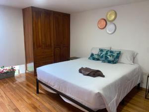 - une chambre avec un grand lit blanc et des oreillers bleus dans l'établissement Suite Crisantemo Ubicada en el Centro de Estreno, à Cuenca