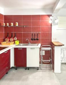 uma cozinha com lavatório e azulejos vermelhos em Appartement d'une chambre avec terrasse amenagee a Le Vauclin a 3 km de la plage em Le Vauclin