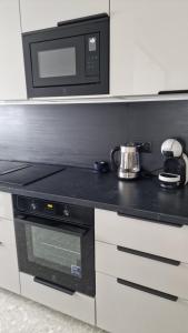 a kitchen with a stove and a microwave at Moderne F3 - 10 min aeroport CDG - Paris - Parc Astérix - Disneyland Paris - Tour Eiffel - Champs Elysée - 15 min Parc des expositions Villepinte - 10 min Le Bourget - 5 min du Golf international de Roissy- JO 2024 in Le Thillay +11 photos