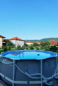 Una gran piscina azul frente a una casa en Cele's Garden, en Ohrid 3 fotos más