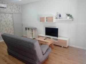 a living room with a couch and a flat screen tv at Xabucas in A Pobra do Caramiñal