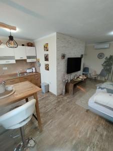 a living room with a sink and a bedroom at Apartmani Plavi val in Vodnjan