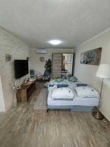 a bedroom with two beds and a flat screen tv at Apartmani Plavi val in Vodnjan